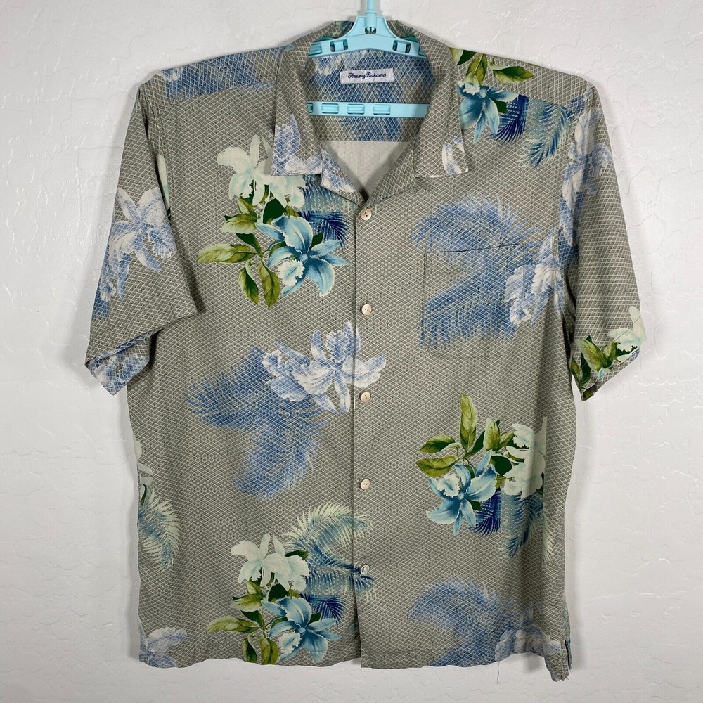 Tommy Bahama Shirt Mens‎ XL Green Silk Hawaiian Camp Short Sleeve Floral Island